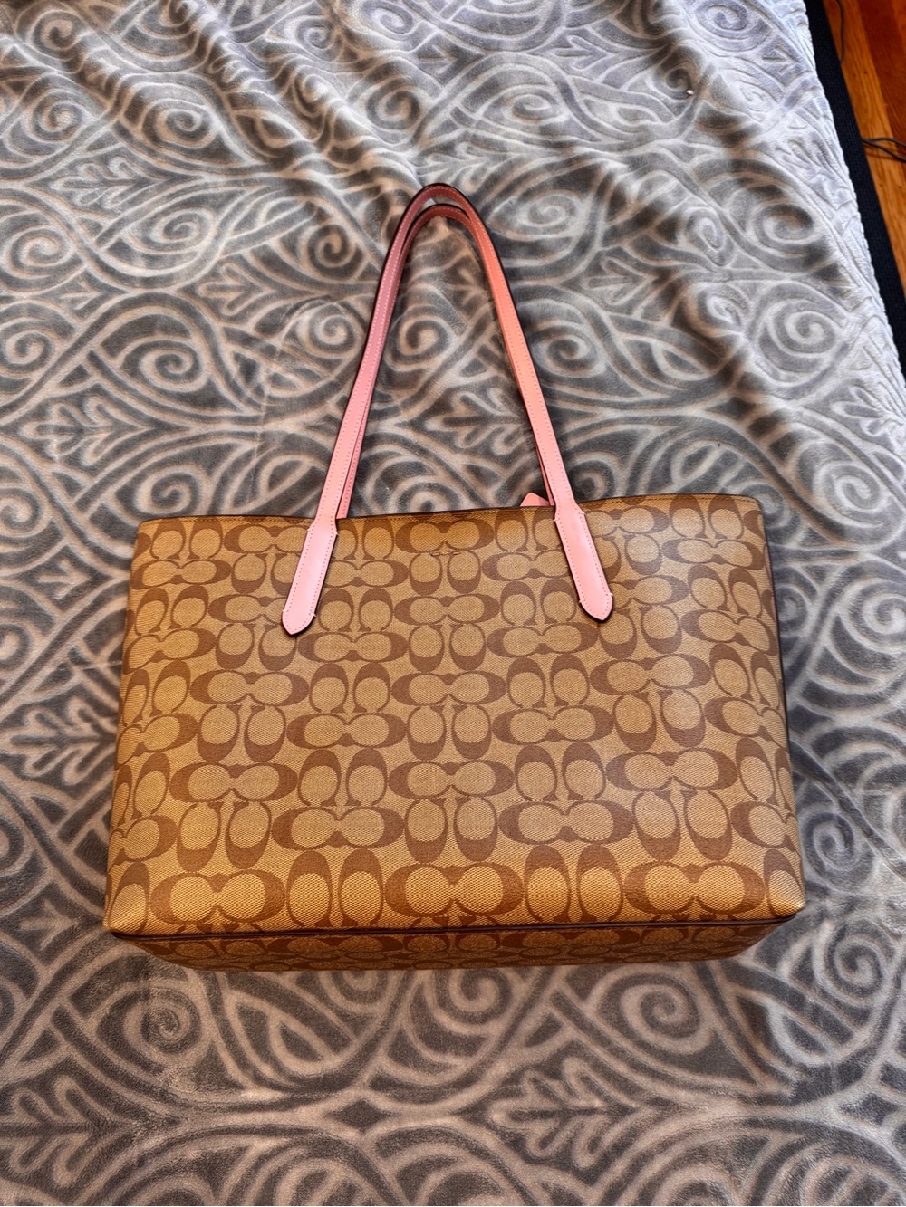 SALE! Coach Signature Large Tote Khaki & Pink Leather Pink Interior Authentic - Picture 2 of 9